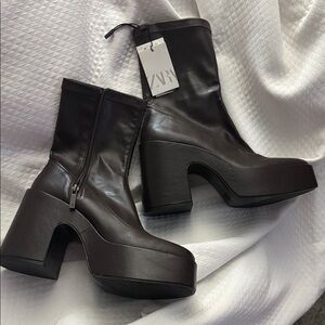 Zara Chocolate Brown Platform High-Heel Stretch Platform Ankle Boots Size 9